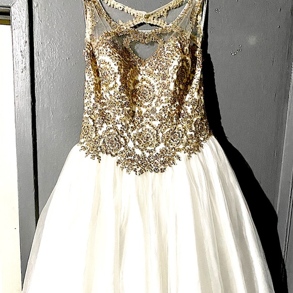 Golden Lace Embroidered PROM dress with corset back design - Picture 1 of 11
